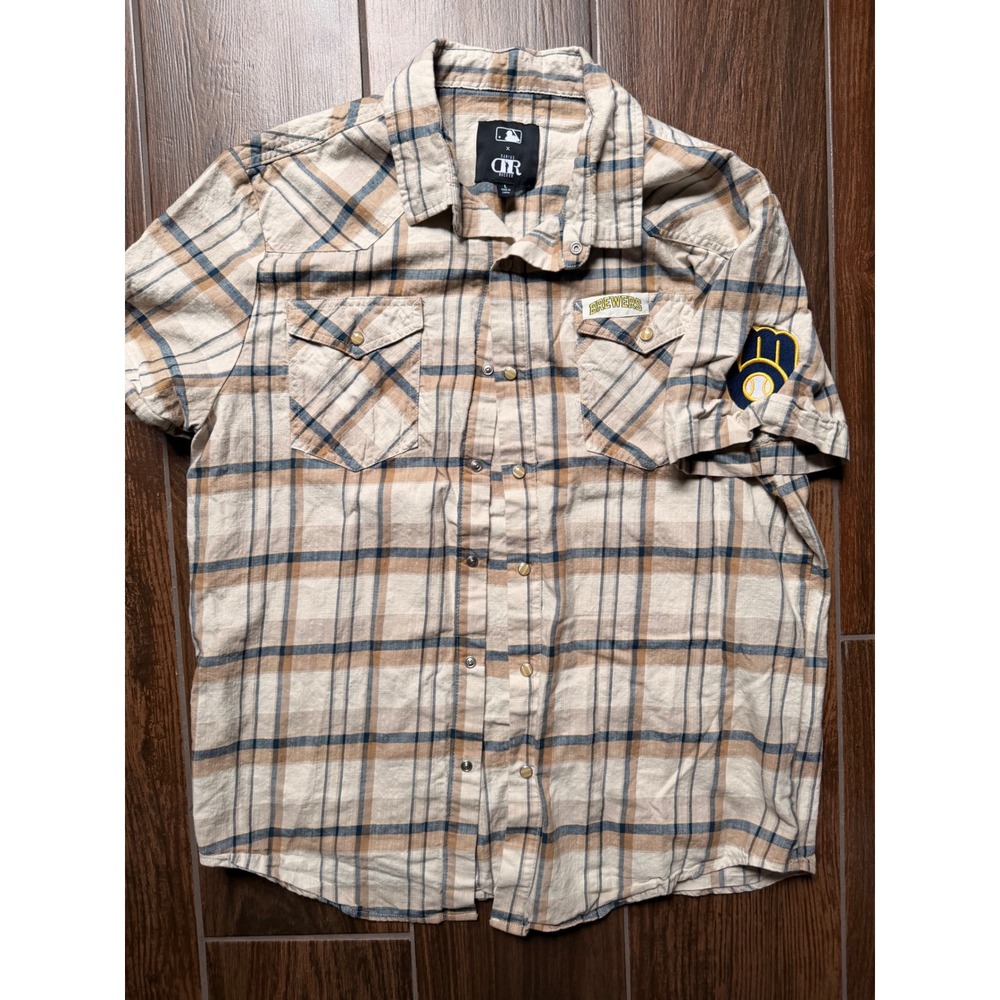 MLB x Darius Rucker Milwaukee Brewers Plaid Western Snap Shirt Mens Large Tan